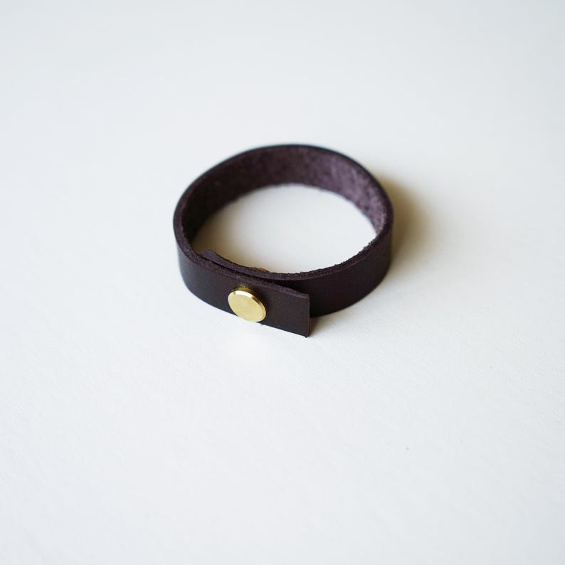 Rich dark chocolate brown colored leather - full-grain leather loop with subtle texture and brass hardware, photographed on a white surface.