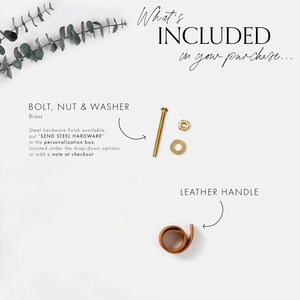 Keyaiira genuine leather cabinet and drawer handle package contents showing the handcrafted leather handle with V-shaped pointed ends and included bolt, nut, washer and brass mounting hardware for cabinet, dresser and furniture installation