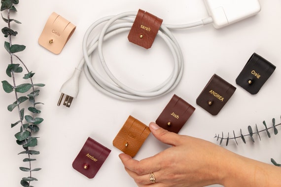 large cable organizer personalized stocking stuffer 3rd anniversary gift under 15 leather cord holder personalized leather cable keeper