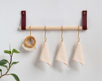 Leather Hanging Towel Holder Kit - brass hand towel rail for bath kitchen & laundry room hanging coffee mug wood rack mop and broom storage