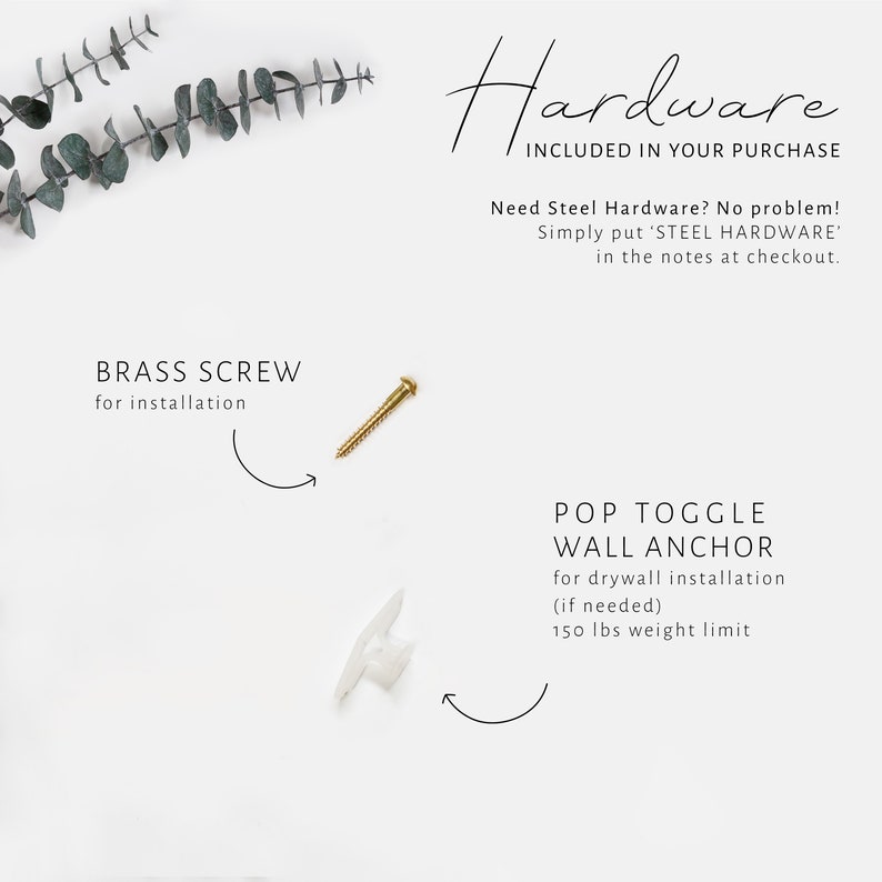 Guide showing the hardware that is included labeled with arrows pointing to the components on a white background. 
A brass screw lays flat alongside a pop toggle wall anchor.