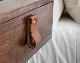 SET OF 2 Leather Drawer Pulls, Brass Hardware Cabinet Handles