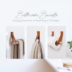 3 Piece Bathroom Fixture Set - Leather & matte back towel ring Wood toilet paper holder and wall mounted towel rack modern half bath guest