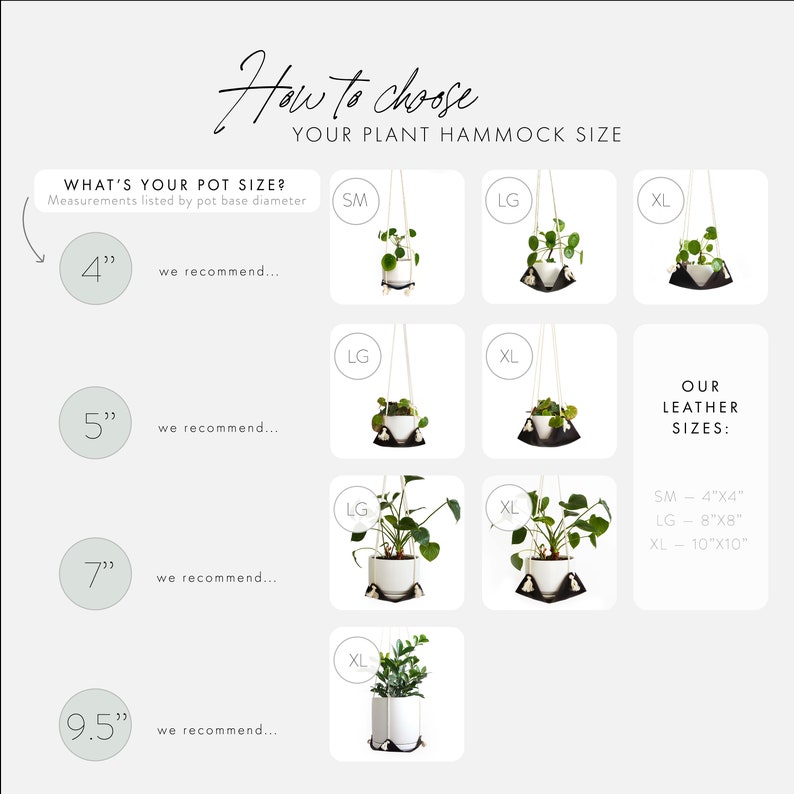 Guide showing the recommended size of pot holder which will fit inside each different size of Plant Hammock.