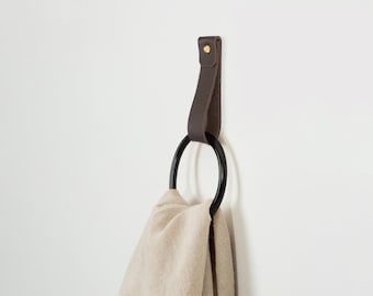 Lanière en cuir moyenne avec anneau porte-serviettes noir Cintre minimaliste pour porte-serviette de bain crochet mural en cuir pour serviette crochet nordique décoration de salle de bain