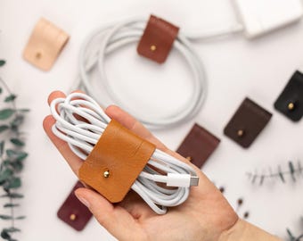 Leather Cord Organizer with Brass Snap, Cable Holder for Charger, Modern Desk, Travel Accessory & Stocking Stuffer Gift [2pc]