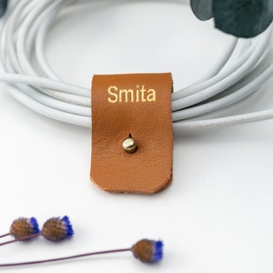 Round End Customizable Leather cord keeper earbud holder personalized 3 year wedding gift monogram cable ties gift under 15 stocking stuffer