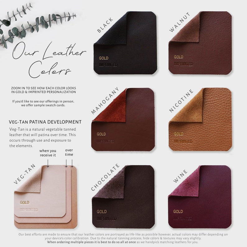 Leather colors are shown in a grid as squares with the names listed above each color. 
Zoom in to see how each leather color looks in Gold or Imprinted personalization.