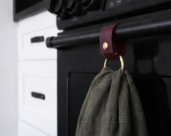 Leather & Brass Towel Ring Holder - Kitchen Oven Door Handle Towel Hanger