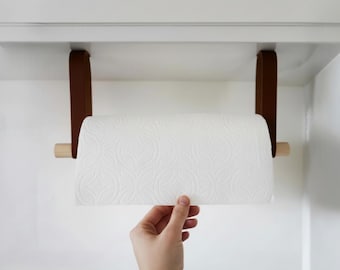 Leather & Wood Paper Towel Holder hung under kitchen cabinet