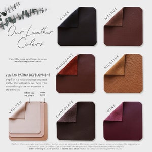 Leather colors are shown in a grid as squares with the names listed above each color.
The process of VegTan patina development is explained, showing the color when you receive it and what it will look like over time.