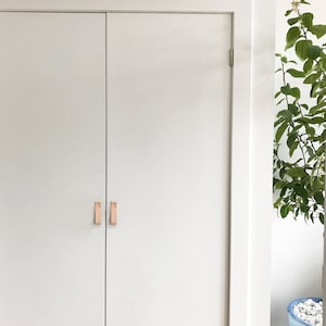 May include: White double doors with a simple design, featuring two light brown leather pulls. The doors are closed and appear to be part of a closet or storage space.