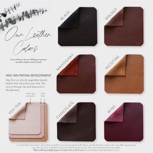 Leather colors are shown in a grid as squares with the names listed above each color. 
On the left, the process of Vegetable Tanned leather patina development is explained, showing the color when you receive it and what it will look like over time.