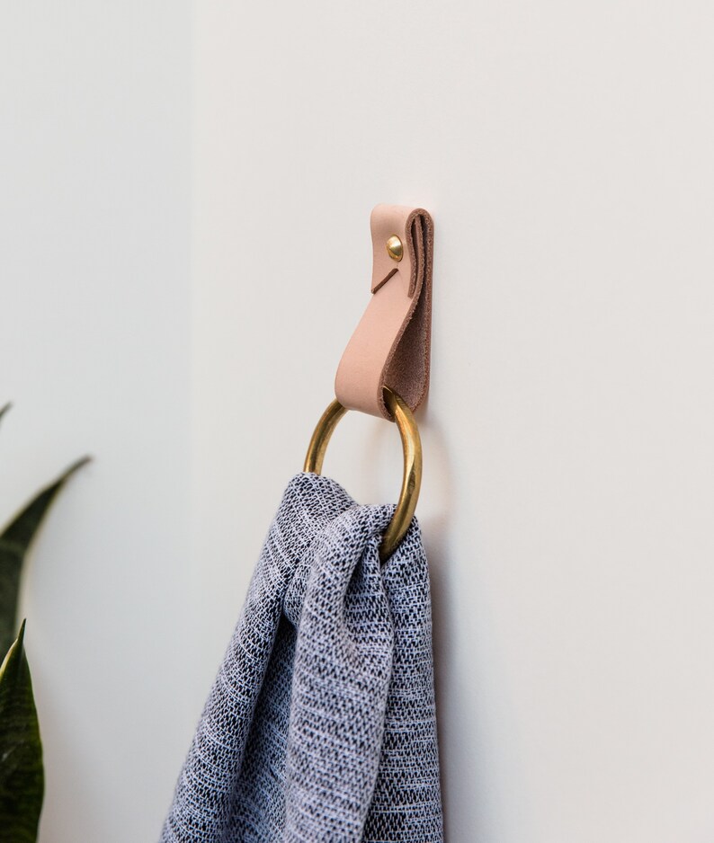 Leather Wall Strap installed on the wall and styled with a tea towel looped inside the metal ring.