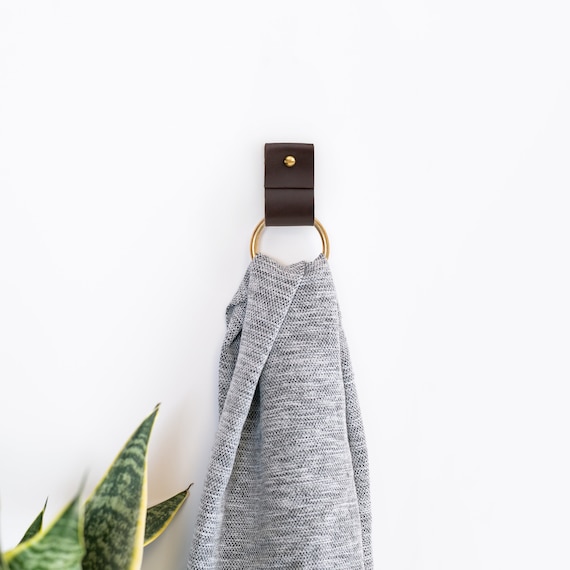 Wide Leather Towel Holder with Brass Ring