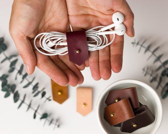 Leather Cable Wrap with Brass Post, Cord Organizer for Desk or Travel, Minimalist Tech Gift [3pc]
