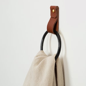 Leather Wall Strap installed on the wall and styled with a tea towel looped inside the metal ring.