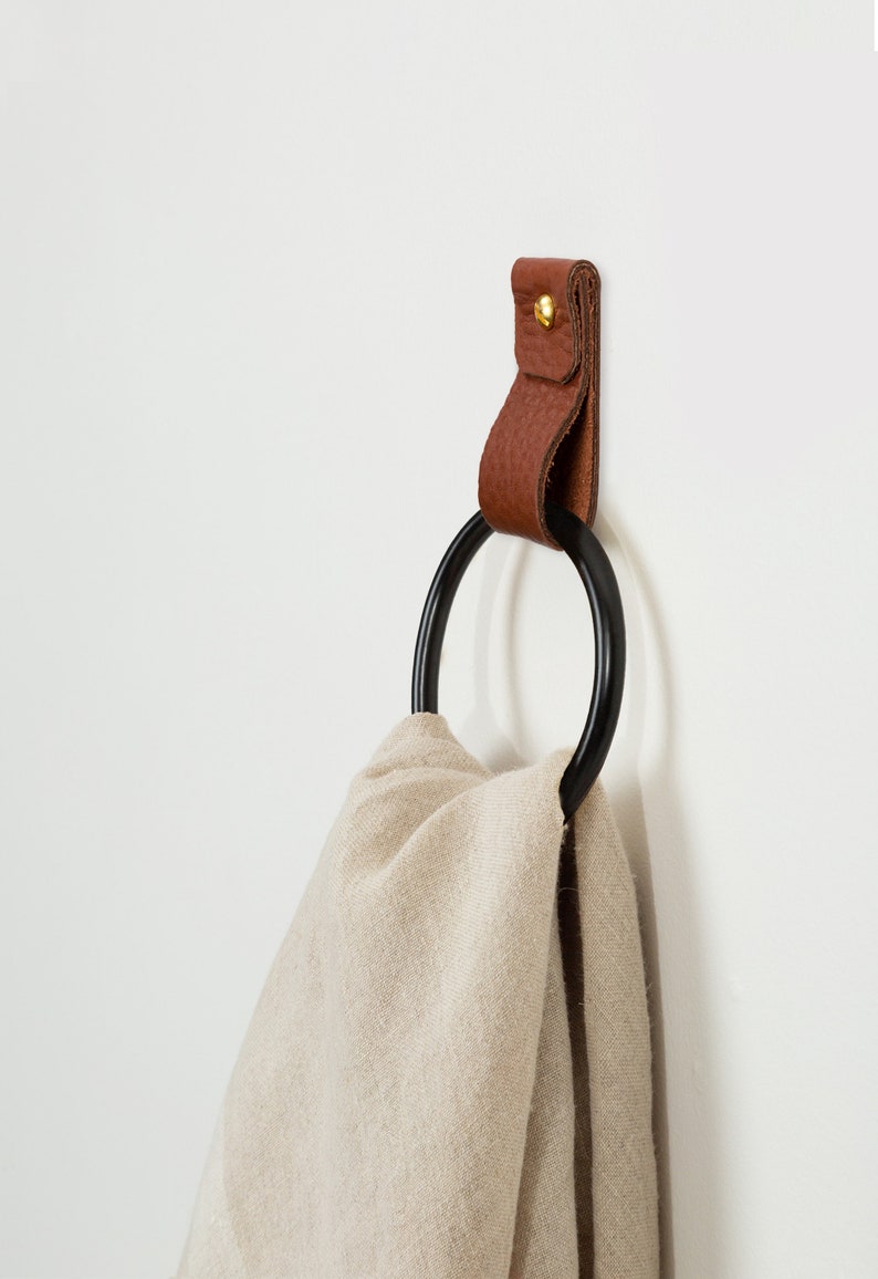 Leather Wall Strap installed on the wall and styled with a tea towel looped inside the metal ring.