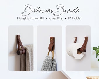 Leather, Brass & Wood Bathroom accessories kit includes wall mount strap Toilet Paper Holder, hanging Towel Rack, brass gold Hand Towel Ring