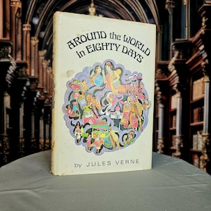 Vintage 1964 Book Around the World in Eighty Days Jules Verne Hardcover Illustrated Dust Jacket