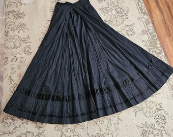 Antique Victorian Long Black Cotton Maxi Skirt w/ Velvet Trim Petticoat Gothic