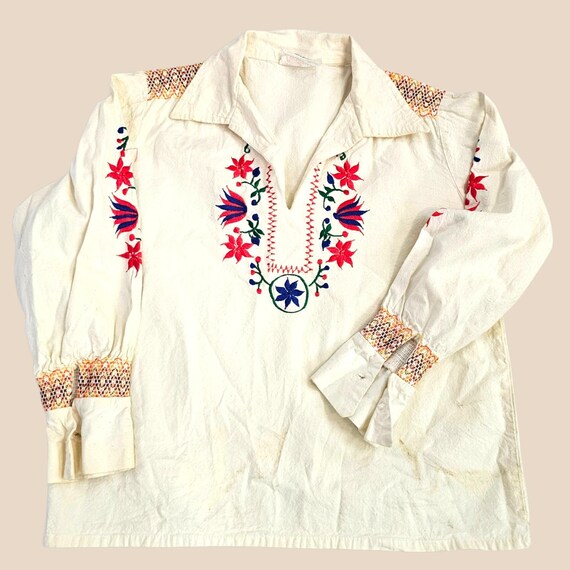 Vintage 1960's Blouse Shirt Bordados Laurita Mexican Embroidered Peasant Cream