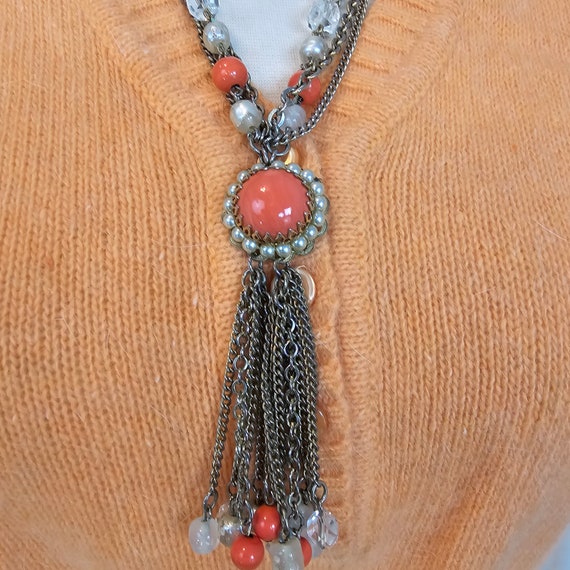 Vintage 1960s Coral Colored Tassel Beaded Chain 7… - image 5