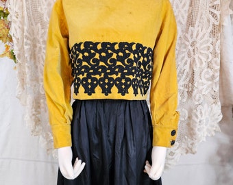 Vintage 1960's 70's Velvet Mustard Yellow Blouse Top Shirt Black Lace Buttons Midcentury Mod