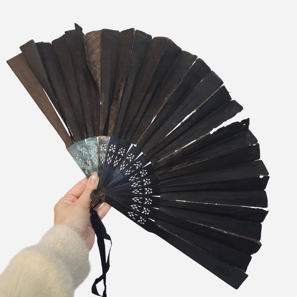 Antique Victorian 1800s Fabric Hand Fan Black Mourning As is Distressed Vintage