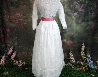Antique Edwardian 1910s White Cotton Embroidered Maxi Dress Set Lace Detailed