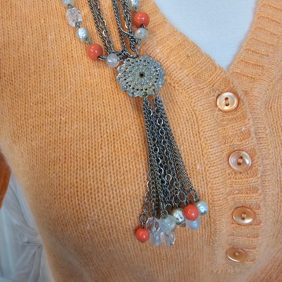 Vintage 1960s Coral Colored Tassel Beaded Chain 7… - image 8