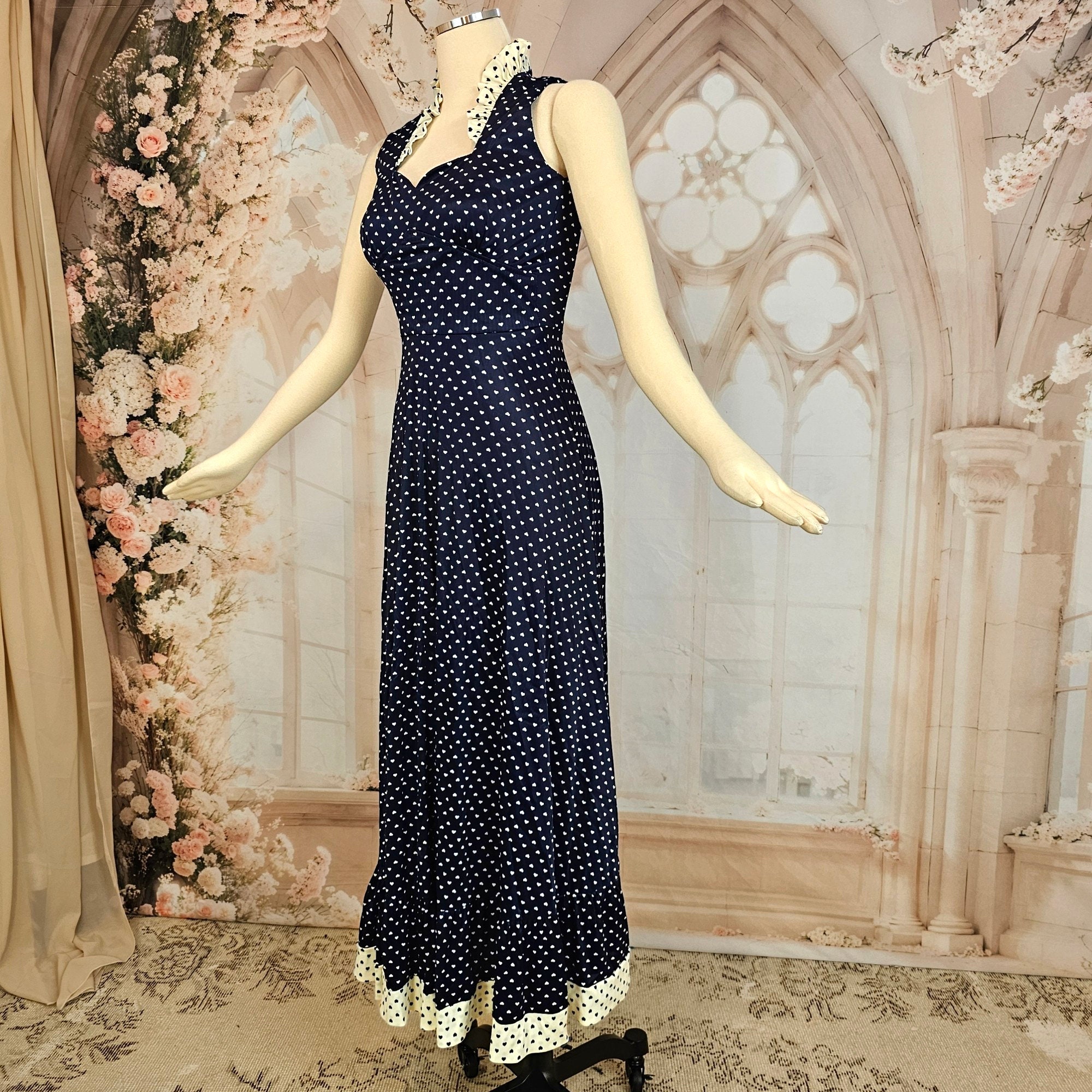 VINTAGE 60s 70s ROYAL BLUE RUFFLE COLLAR CAPE SLEEVE MAXI