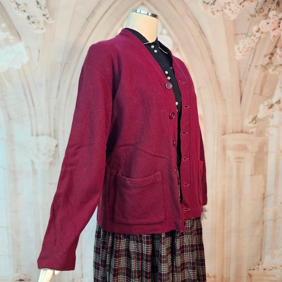 Vintage 1960s Burgundy Wool Cardigan Sweater Button Front Pocket Rockabilly Red