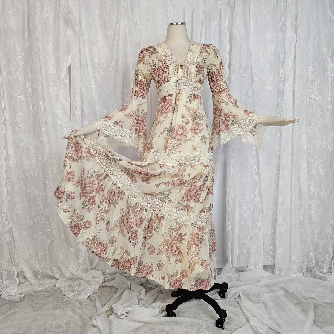 Vintage GUNNE SAX Style Dress Prairie Princess Floral Lace Angel Sleeve ...