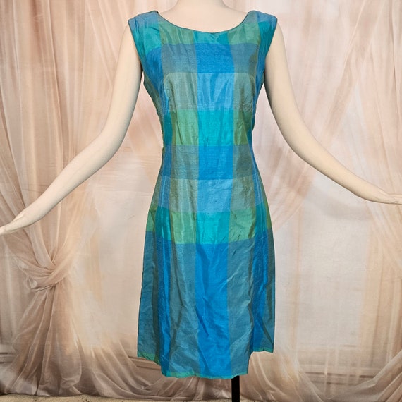 Vintage 1960's Dress Shift Silk Blue Green Plaid … - image 4