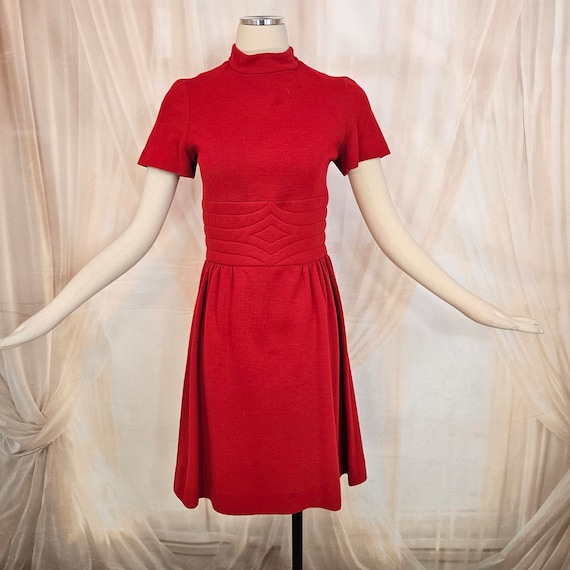 Vintage 1960's Dress Red Knit Mock Neck Short Sle… - image 1