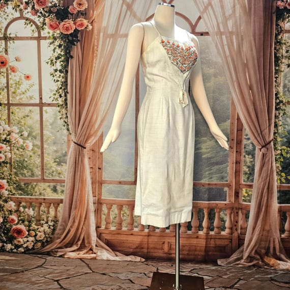 Vintage 1960's Dress Shift Mod Cream Orange Beads and Rhinestone Embroidered