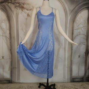 Vintage 1990's Nightgown Slip Lingerie Cornflower Blue Lace Inserts Sexy
