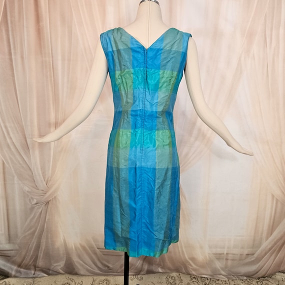 Vintage 1960's Dress Shift Silk Blue Green Plaid … - image 8