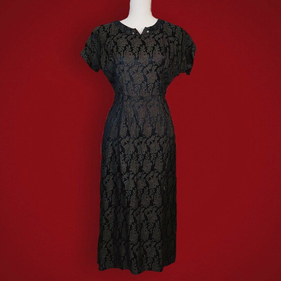 Gorgeous late 1940s silk brocade black dress!