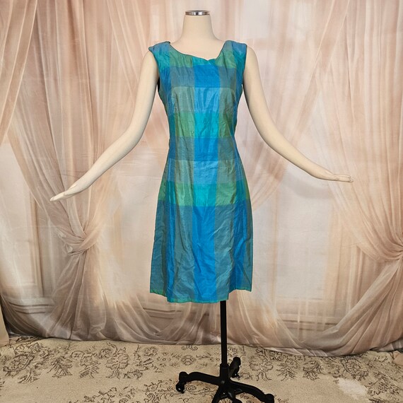 Vintage 1960's Dress Shift Silk Blue Green Plaid … - image 7