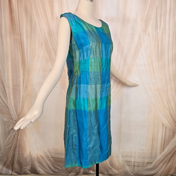 Vintage 1960's Dress Shift Silk Blue Green Plaid … - image 9