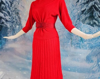 Vintage 1950s Bradley Knitwear Bright Red Knit 2 Pc Sweater Dress Set Pin Up