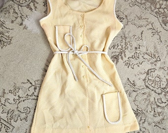 Vintage 1970s 60s Dress Minidress Miniskirt Yellow White Tie Waist Belt Retro Sundress