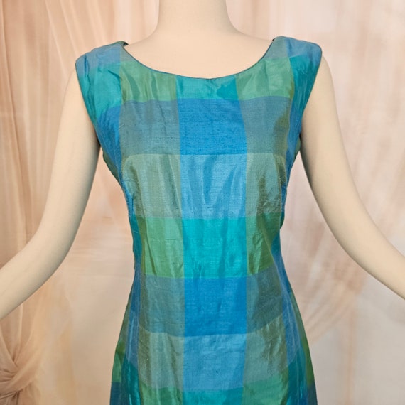 Vintage 1960's Dress Shift Silk Blue Green Plaid … - image 2