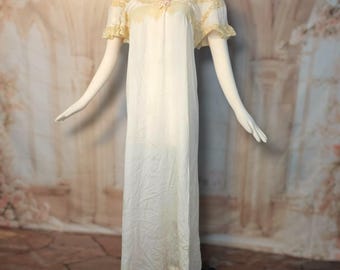 Antique Edwardian 1910s Nightgown Silk Lace Trim Maxi Lingerie Shift Dress 1900s