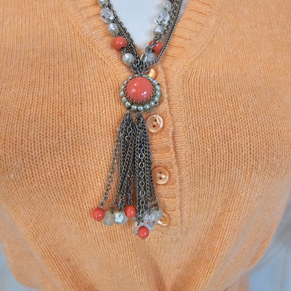 Vintage 1960s Coral Colored Tassel Beaded Chain 7… - image 7