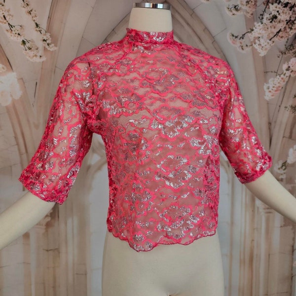 Vintage Neon Bright Pink Half Sleeve Lace Silver Blouse Top 1960s 70s Shirt