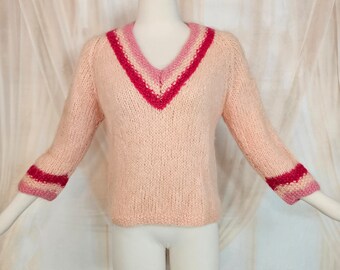 Vintage 1960's Sweater Mohair Wool V-neck Pullover Pink 3/4 Length Sleeve Retro Mod