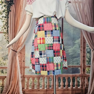 Vintage 1970s Skirt Midi Length Patchwork Print Multicolor Retro Bright Boho